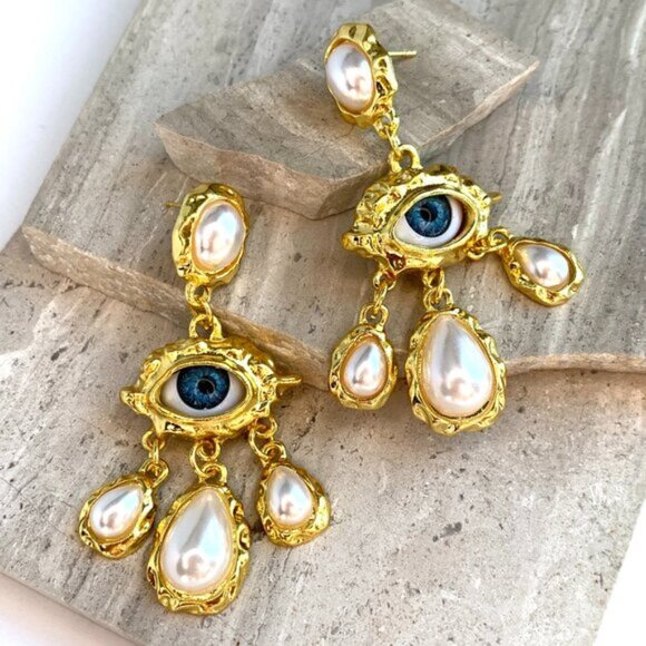 NEW ~ Free People Protective Eye Pearl Dangle Gold Earrings - Picture 7 of 10